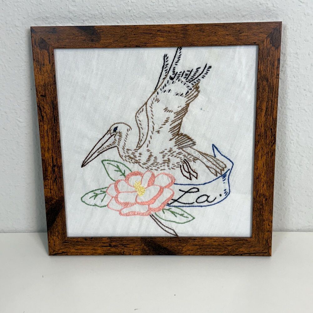 Handmade Vintage Embroidered Louisiana State Bird & Flower Framed 9x9”